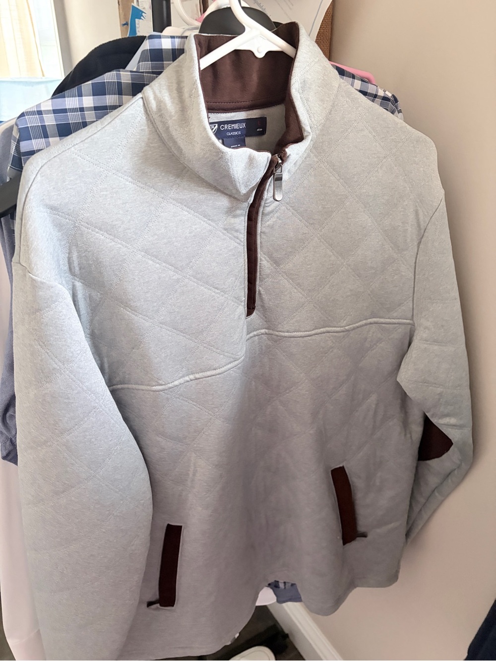 Daniel Cremieux Light Gray Quilted Half-Zip Pullover with Brown Trim